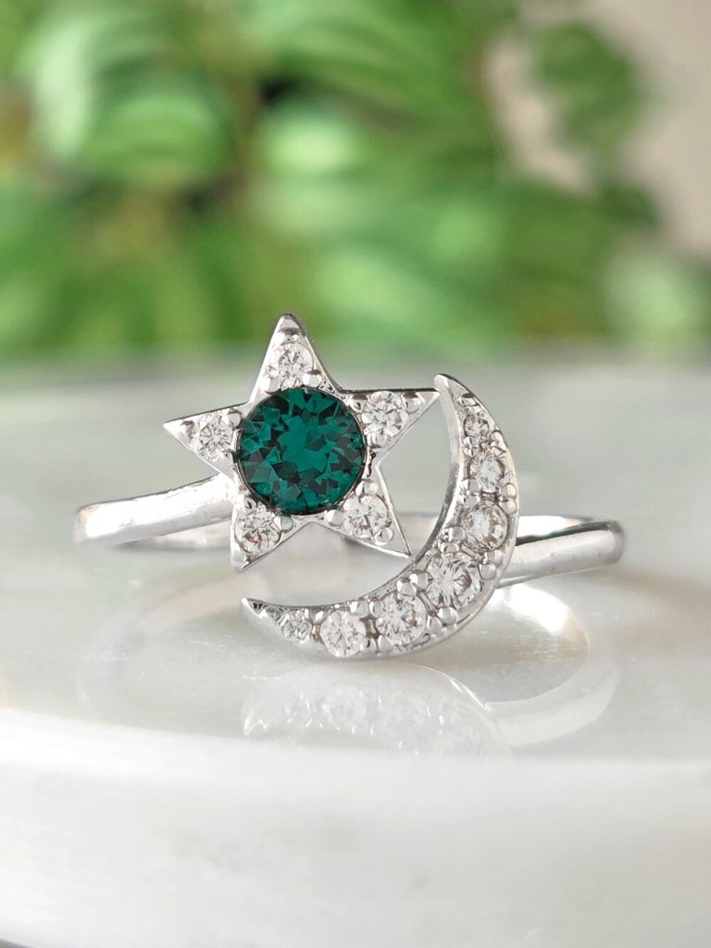 Emerald Green Star and Moon Ring with Swarovski Crystals, Celestial Theme